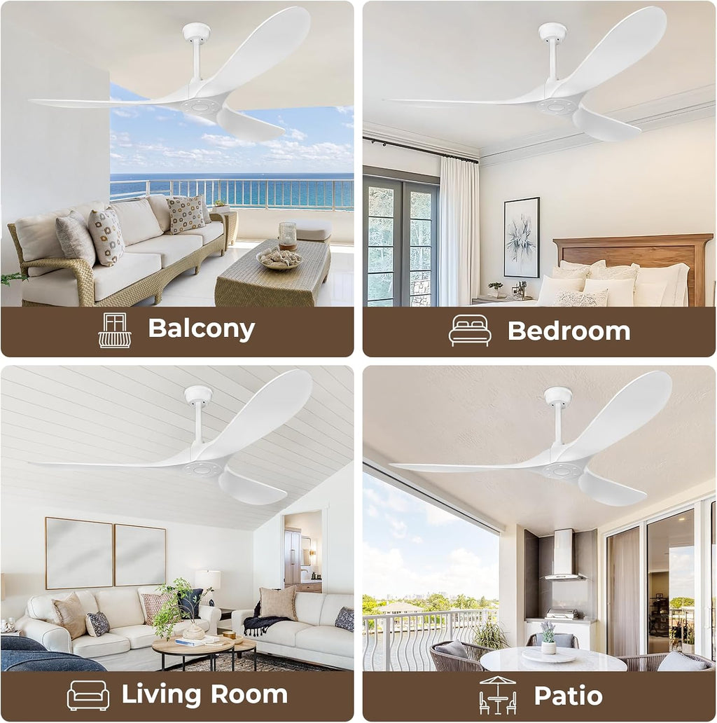 Obabala Ceiling Fan Without Lights,Outdoor Ceiling Fan with Remote, 6-Speed Adjustable Reversible DC Motor for Patio & Living Room (White, 52 in)