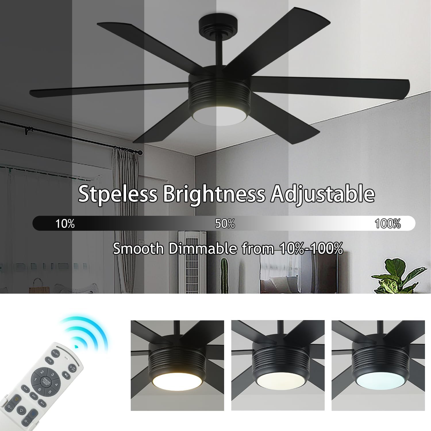 SHOWDI Black Ceiling Fans with Lights and Remote, Quick Installation, 56 in | 2 Blade Color, Metal Material, App Remote Control, Timer, Reversible, 3CCT, Dimmable for Bedroom, Living room, Indoor