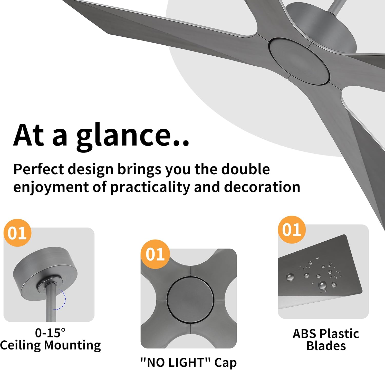 WINGBO 64' Wet Rated Outdoor Ceiling Fan without Lights, 4 ABS Plastic Blades, 6-Speed Reversible Quiet DC Motor, Waterproof Ceiling Fan No Lights for Patio Porch Gazebo Garage, Brushed Graphite