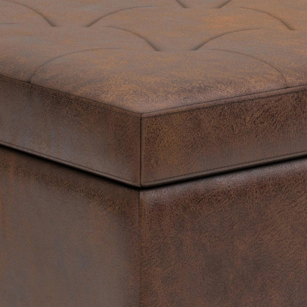 SIMPLIHOME Shay Coffee Table Storage Ottoman - 34 inch Wide Upholstered Vegan Leather Small Rectangle Ottoman in Distressed Chestnut Brown, Mid-Century Modern Tufted Ottoman for Entryway with Lift Top