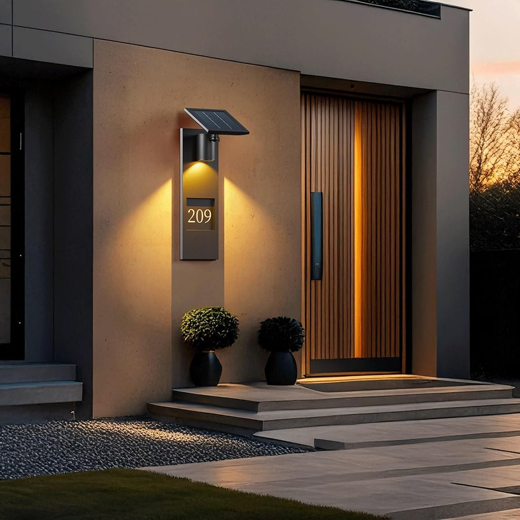 Solar Address Wall Light, Modern Black Stainless Steel House Number Lamp, IP65 Waterproof Dusk to Dawn Exterior Fixture for Villa Garden Patio Porch Entryway Gate Driveway Cottage