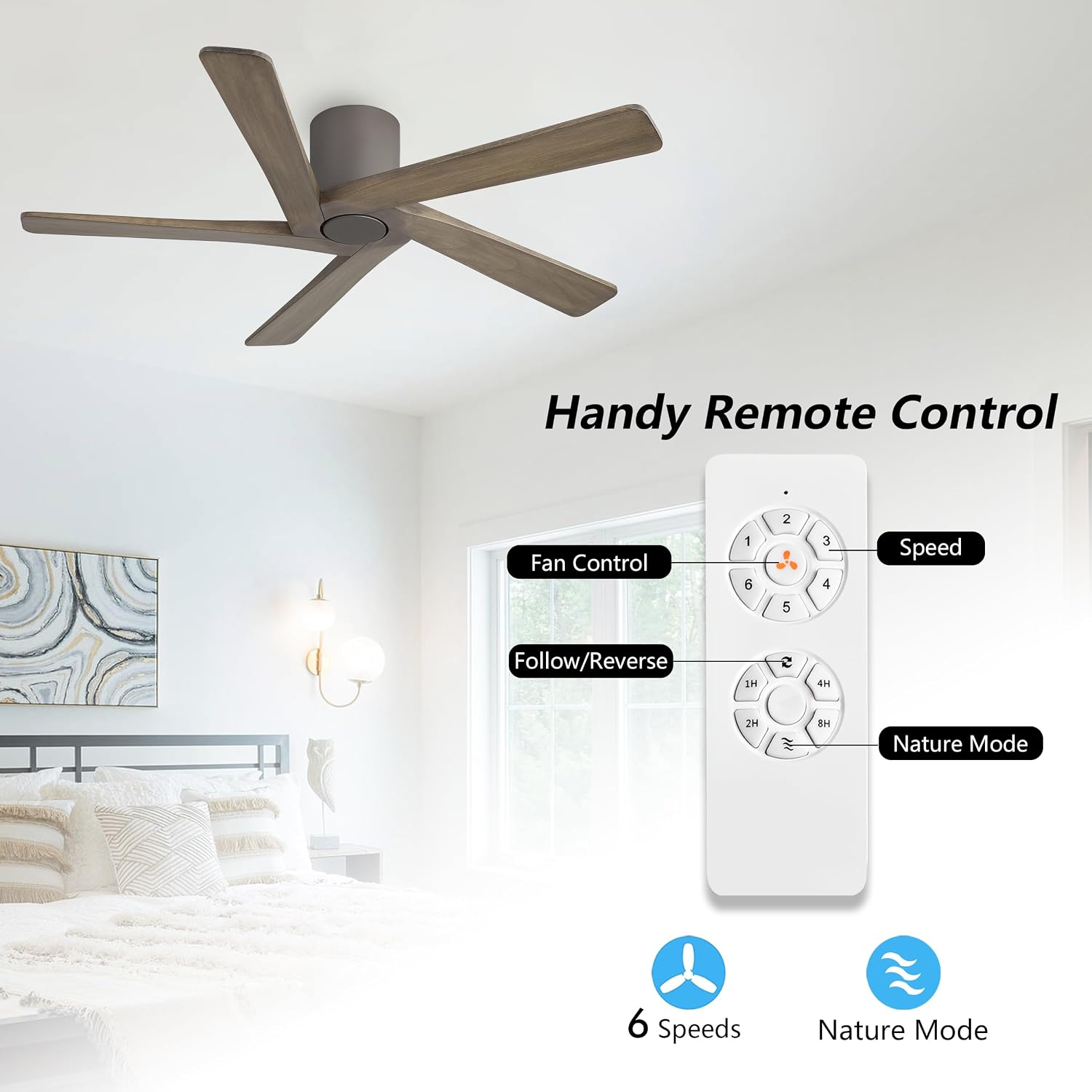 WINGBO 54 Inch Flush Mount DC Ceiling Fan without Lights, 5 Reversible Carved Wood Blades, 6-Speed Noiseless DC Motor, Hugger Ceiling Fan No Lights in Graphite Finish with Gray Blades, ETL Listed