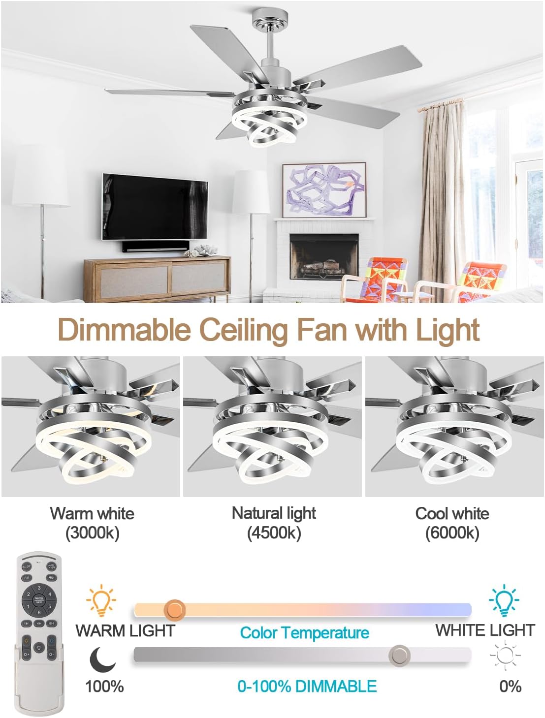 52 Inch Fandelier Ceiling Fan with Lights and Remote Modern Ceiling Fans Silver Chandelier LED Light Quiet Reversible DC Motor Dimmable 3CCT 6 Wind Speeds for Indoor Outdoor Living Room