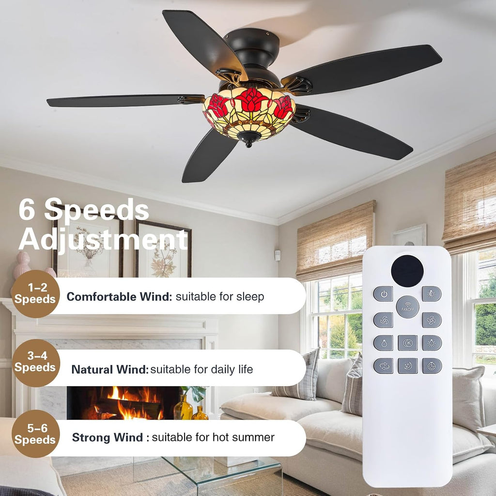 Tiffany Ceiling Fans with Lights - 52' Ceiling Fan Chandelier with 5 Dual-Blades and Glass Shade, 6 Speeds and Reversible, Indoor and Outdoor, Retro Style