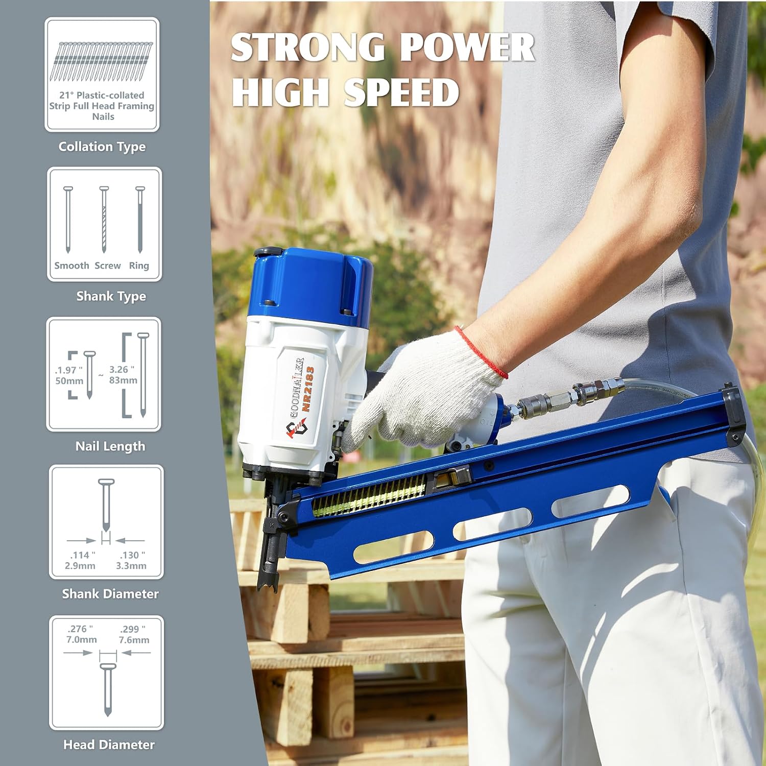 NR2183 Framing Nail Gun 21 Degree Plastic Strip Nailer 2-Inch up to 3-1/4-Inch Plastic Collated Full Head Framing Nailer Aluminum Magazine Light Weight Fast Speed （Navy Blue）