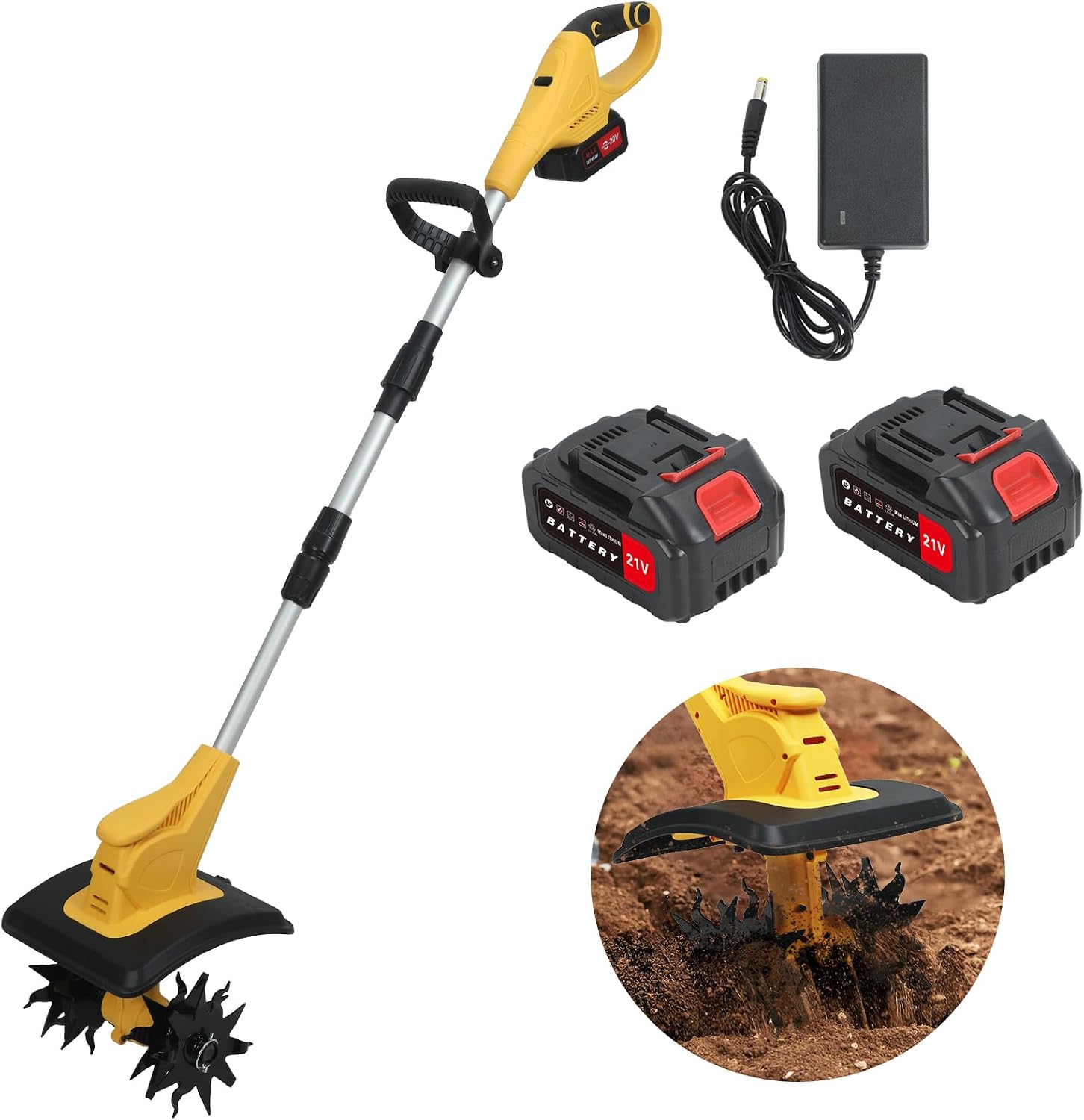21V Cordless Tiller Cultivator, Battery Powered Electric Tiller with 9-Inch Tilling Width & 6.6-Inch Depth, 310RPM, 48 Steel Tines, 2x3000mAh Batteries, Max Power 500W (Yellow)