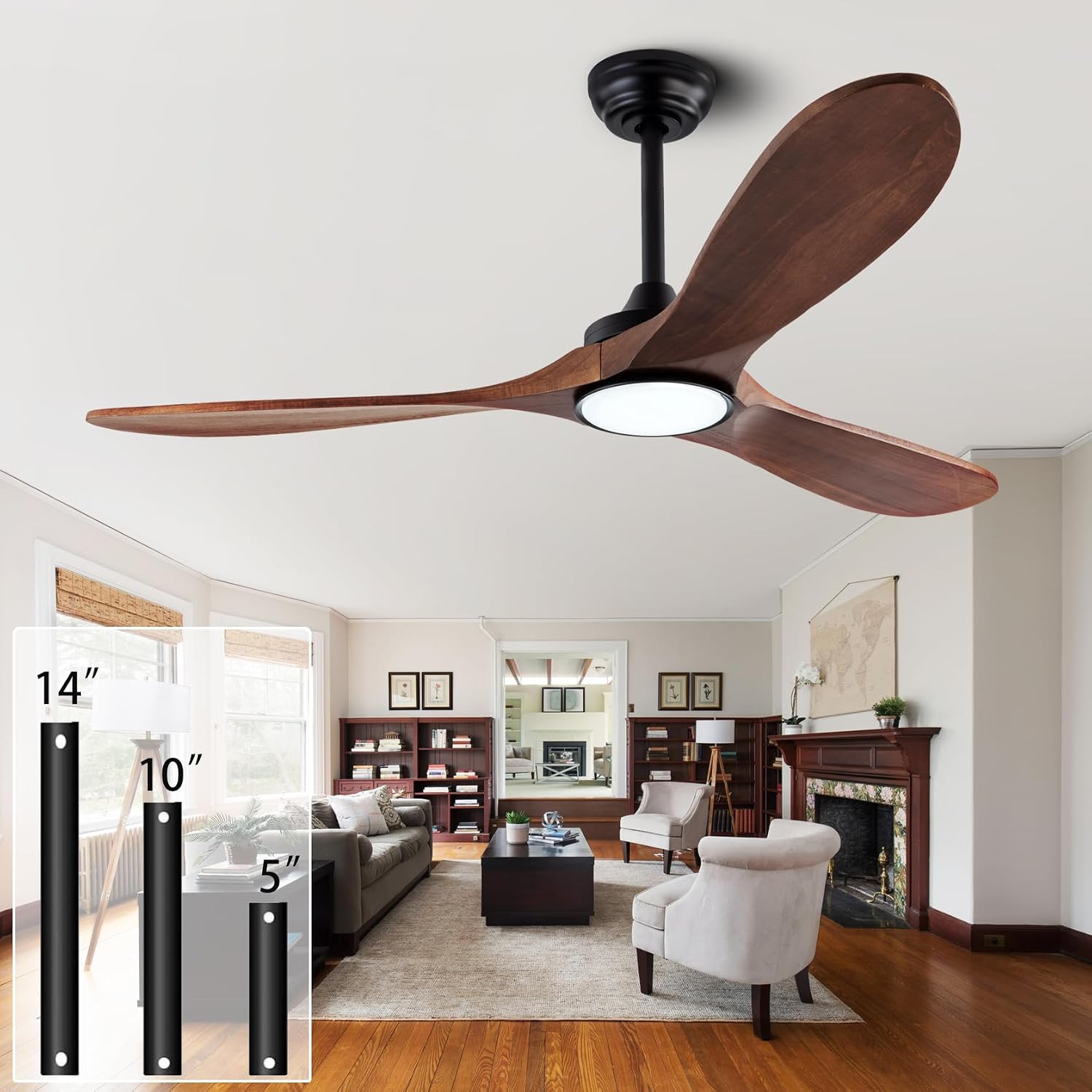 QUTWOB 52' Wood Ceiling Fans with Lights and Remote Control,Indoor Outdoor 3 Blades Wooden Ceiling Fan for Garage,Patio,Living Rooms,Bedrooms,Offices,Farmhouse(Black+Dark Walnut)
