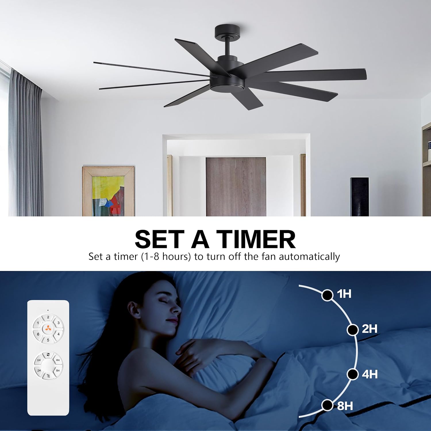 WINGBO 72' Large DC Ceiling Fans without Lights, 3 Downrods, 8 Plywood Blades, 6-Speeds Reversible DC Motor, Indoor Ceiling Fan No Lights for Bedroom Living Room Patio, Black