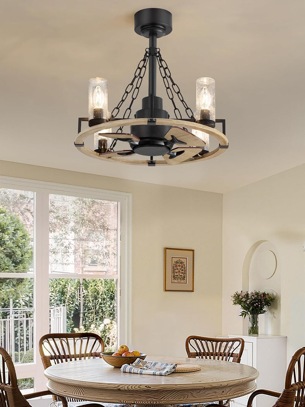 Wagon Wheel Rustic Chandelier Ceiling Fan with Light, 20 inch Farmhouse Caged Ceiling Fans, Quiet Reversible Motor, Dual Finish Blades, Wood Bladeless Fan Lights Ceiling Fixtures for Bedroom Kitchen