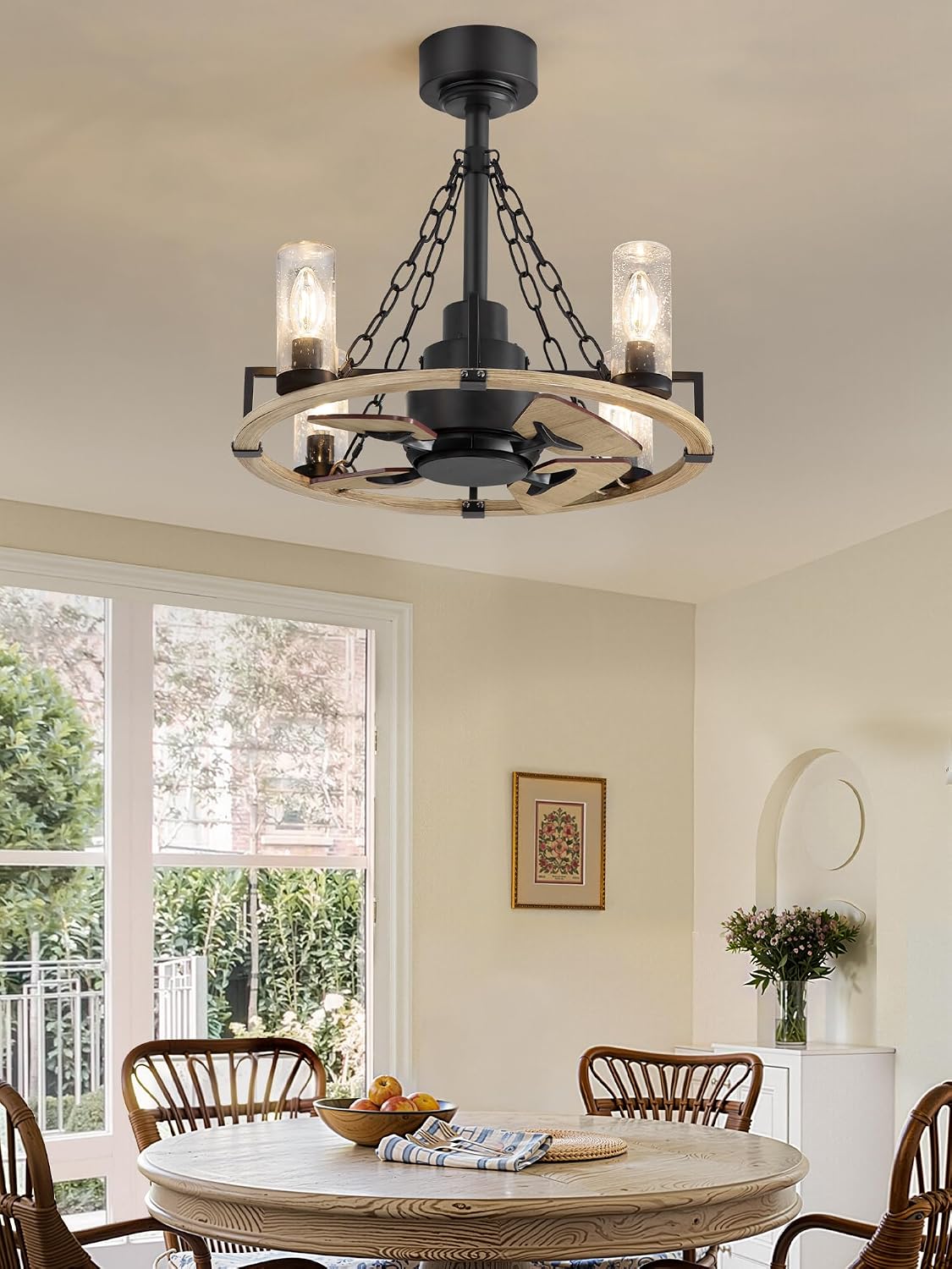 Wagon Wheel Rustic Chandelier Ceiling Fan with Light, 20 inch Farmhouse Caged Ceiling Fans, Quiet Reversible Motor, Dual Finish Blades, Wood Bladeless Fan Lights Ceiling Fixtures for Bedroom Kitchen