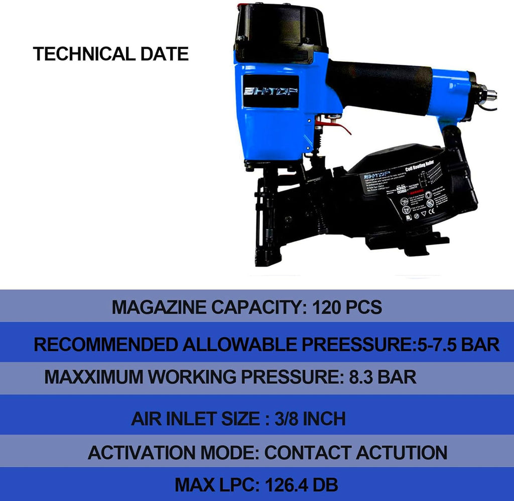 CN45N Roofing Nailer with 100Ft Air Hose, 15 Degree Roofing Nail Gun, 3/4-Inch to 1-3/4-Inch Coil Nails, 120-pcs Load Capacity Coil Nailer in Blue