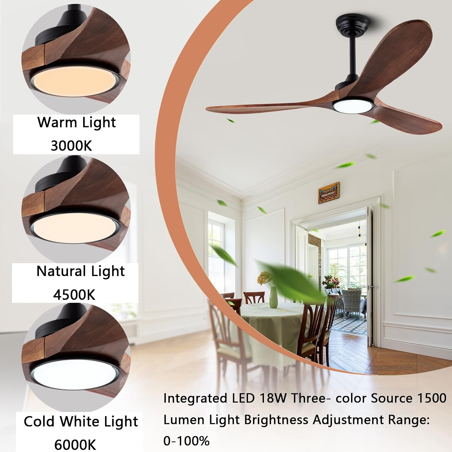 QUTWOB 52' Wood Ceiling Fans with Lights and Remote Control,Indoor Outdoor 3 Blades Wooden Ceiling Fan for Garage,Patio,Living Rooms,Bedrooms,Offices,Farmhouse(Black+Dark Walnut)