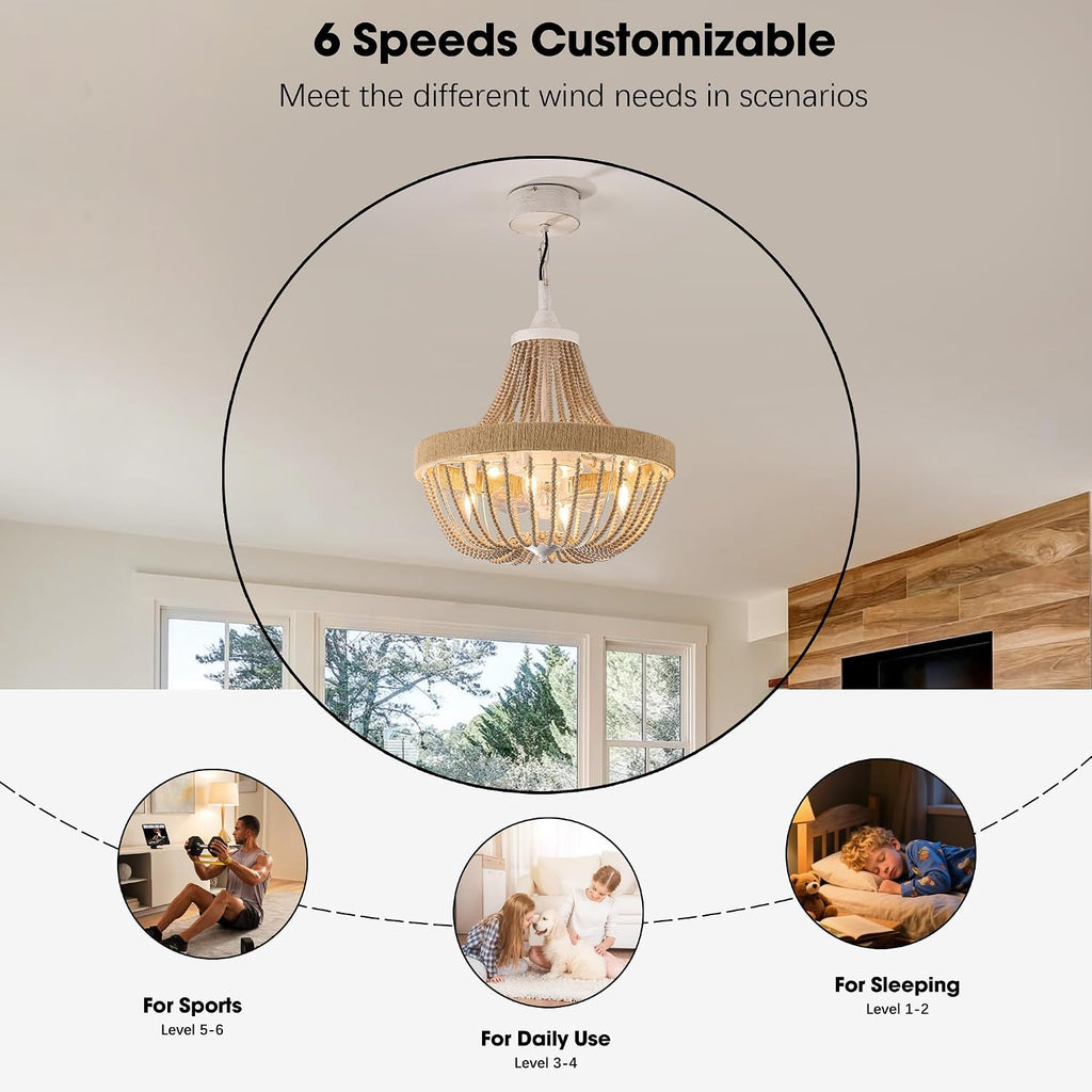 20' Rustic Beaded Chandelier Ceiling Fan with Lights, Remote & App Control, 6 Speed, 8-Lights Boho Fandelier, for Bedroom, Dining Room (Retro White)