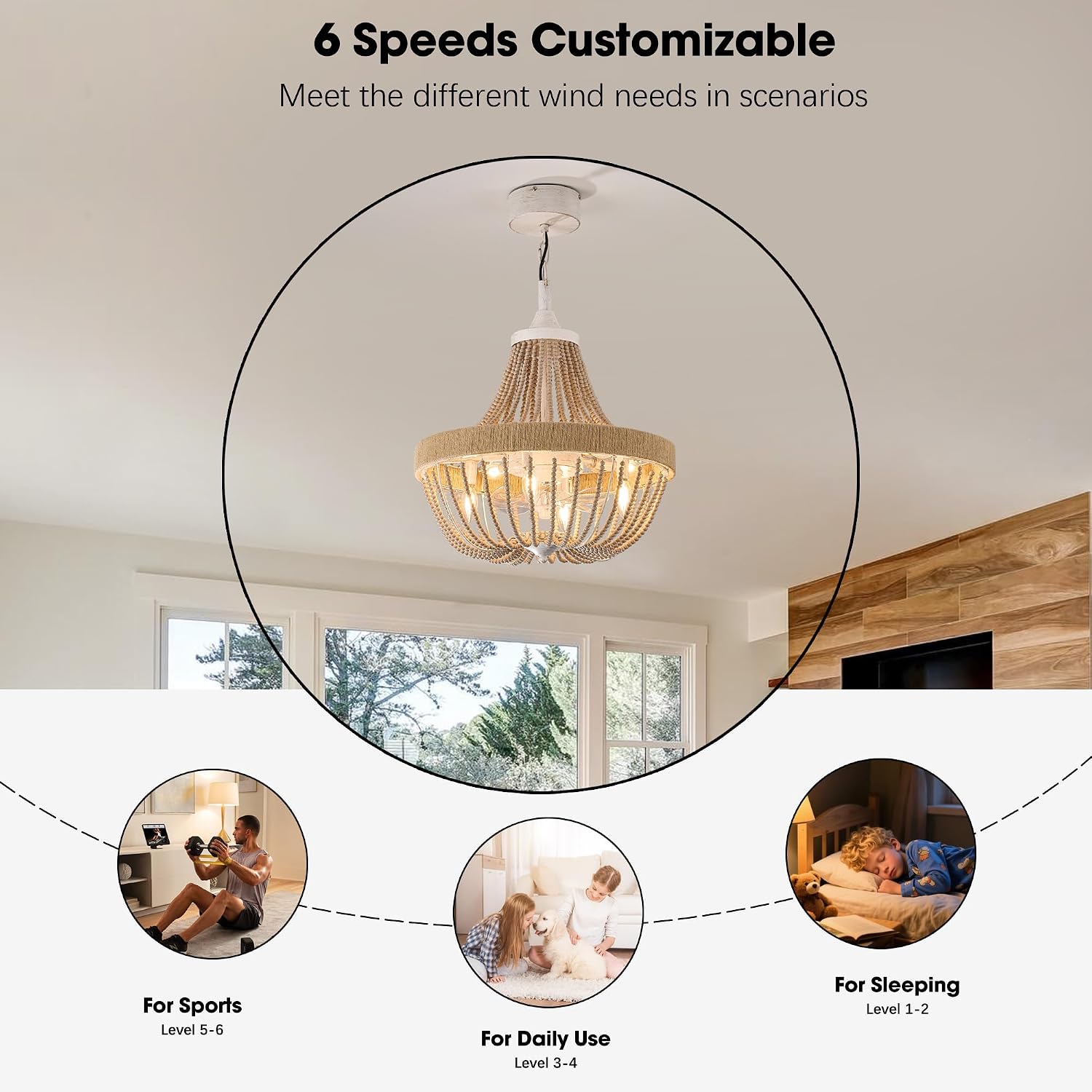 20' Rustic Beaded Chandelier Ceiling Fan with Lights, Remote & App Control, 6 Speed, 8-Lights Boho Fandelier, for Bedroom, Dining Room (Retro White)