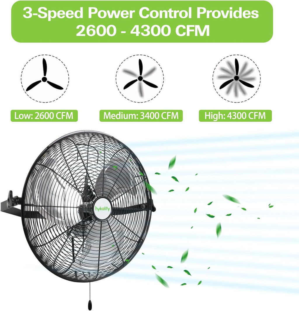hykolity 4300 CFM 18 inch Industrial Wall Fan, 3-Speeds High Velocity Wall Mount Fan with Sealed Motor, Heavy Duty Metal Barn Fans for Shop, Garage, 2 Pack