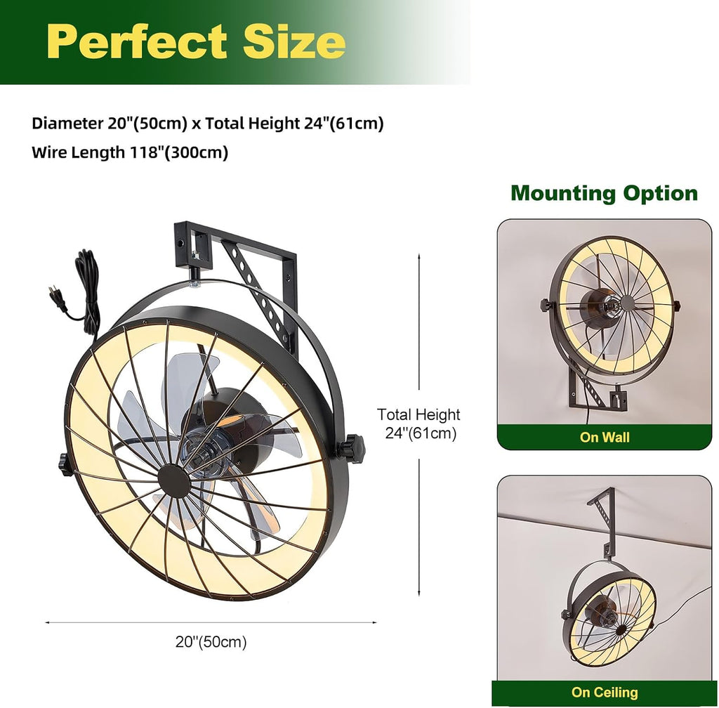 Wall Mount Fan with Remote App Control, 20' Quiet Wall Mounted Fans with Light, 3 Color Dimmable, 360° Adjustable Tilt Plug in Ceiling Fan Indoor Wall Hanging Fan for Garage, Home, Patio