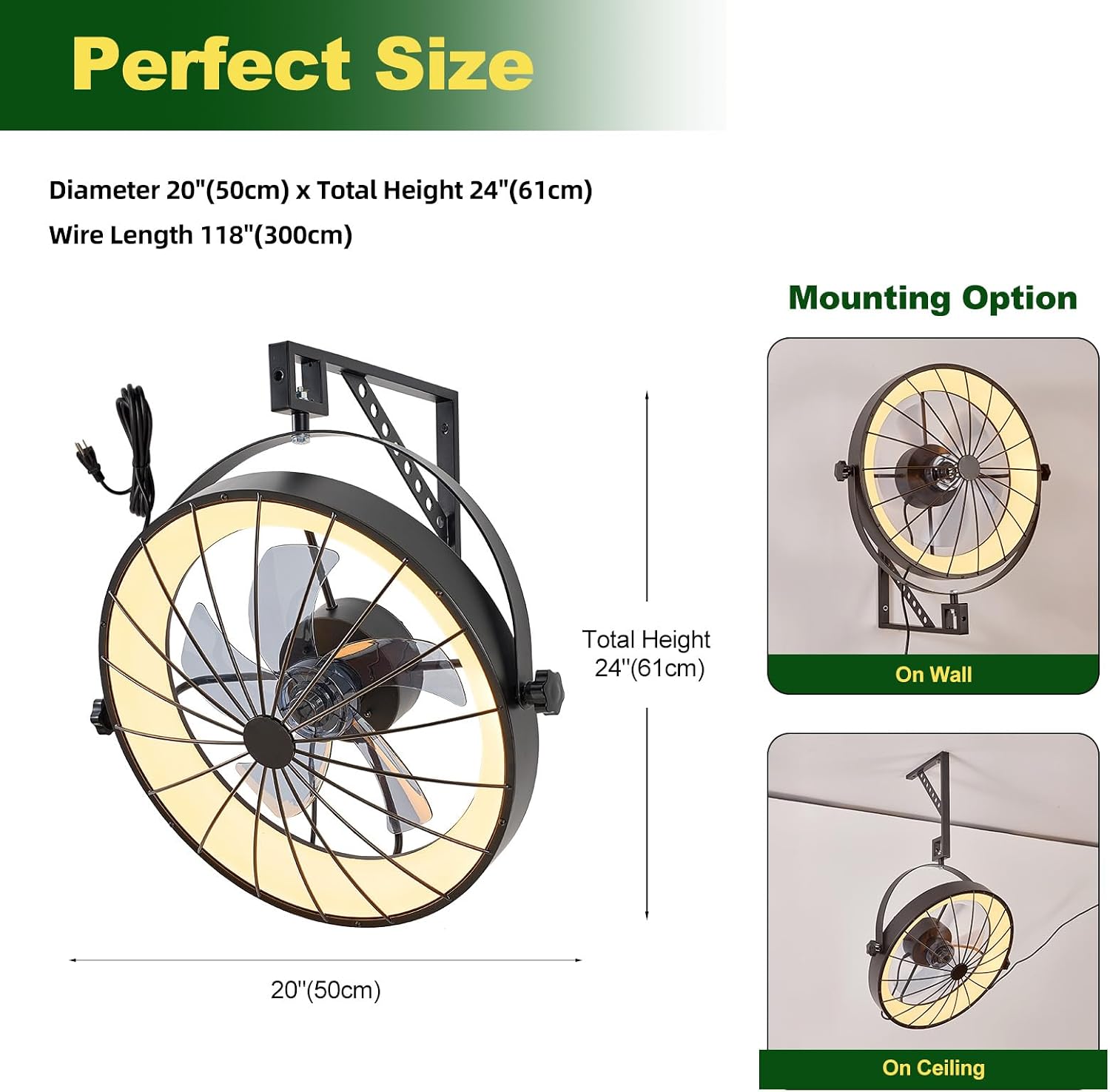 Wall Mount Fan with Remote App Control, 20' Quiet Wall Mounted Fans with Light, 3 Color Dimmable, 360° Adjustable Tilt Plug in Ceiling Fan Indoor Wall Hanging Fan for Garage, Home, Patio