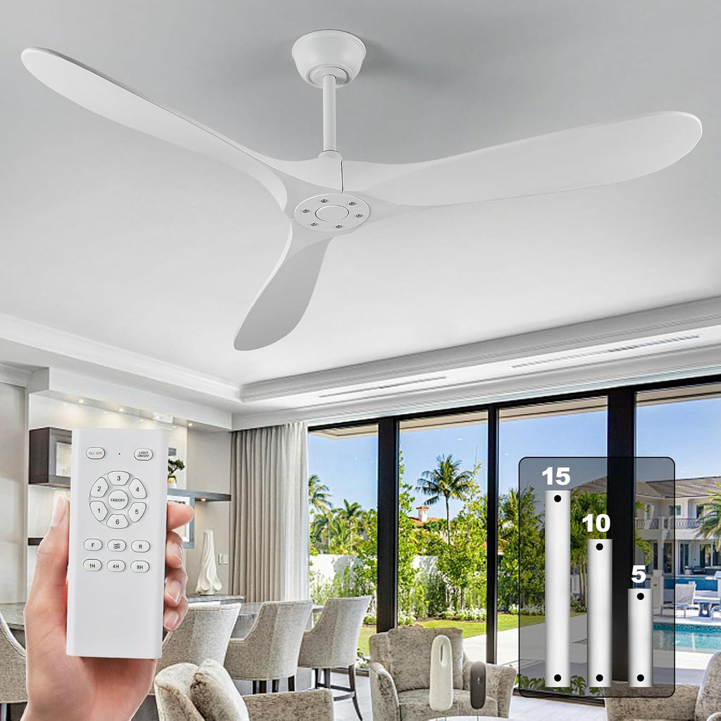 Ceiling Fans Without Light,60 Inch Outdoor Ceiling Fans no Light, 3 Blade Solid Wood Ceiling Fan with Remote Control for Patios Living Room Bedroom Porch. (White Blades + White Body, 60inch)