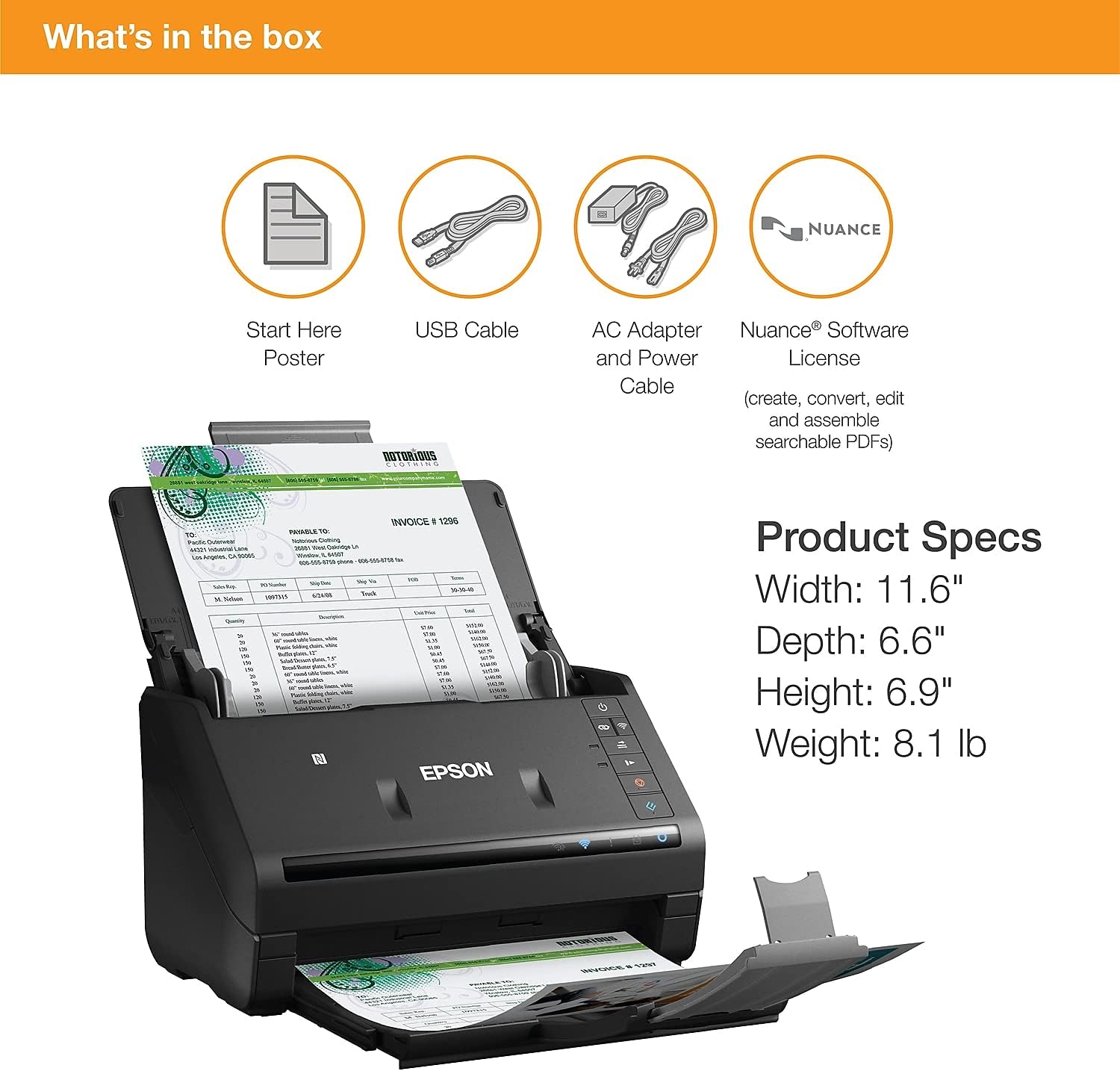 Epson Workforce ES-500WR Wireless Color Receipt & Document Scanner for PC and Mac, Auto Document Feeder (ADF), Black