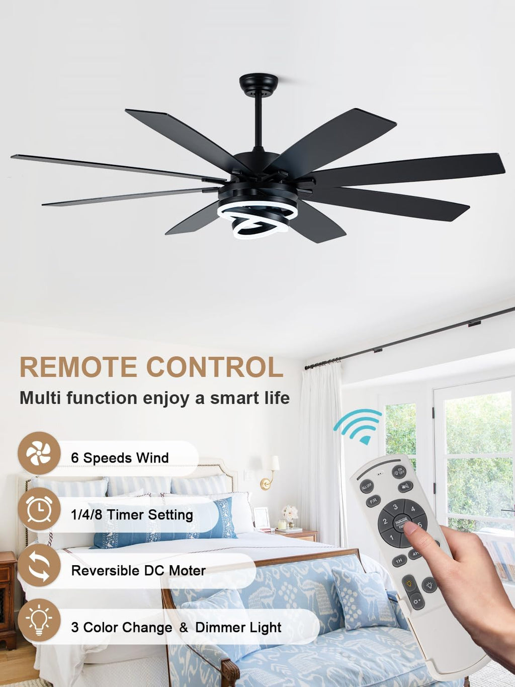 72 Inch Black Ceiling Fan with Lights and Remote Modern Fandelier Ceiling Fan Large Chandelier LED Light, Reversible Quiet DC Motor 3CCT Dimmable 6 Speed for Living Room Indoor Outdoor