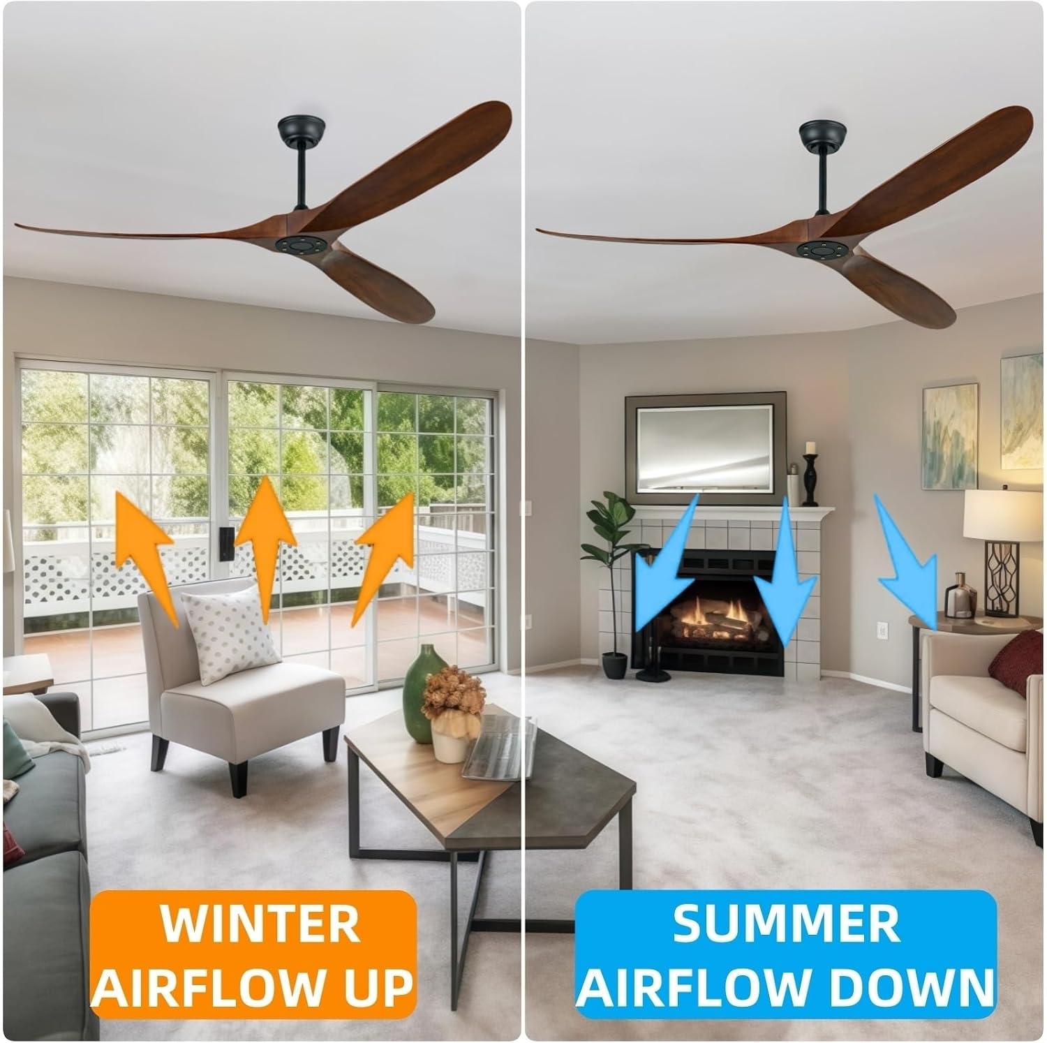 72 inch Ceiling Fan Without Light, 3 Solid Wood Blades and Remote Control, Modern Ceiling Fan No Light, Suitable for Terrace, Living Room, Farmhouse,Dining Room, Bedroom