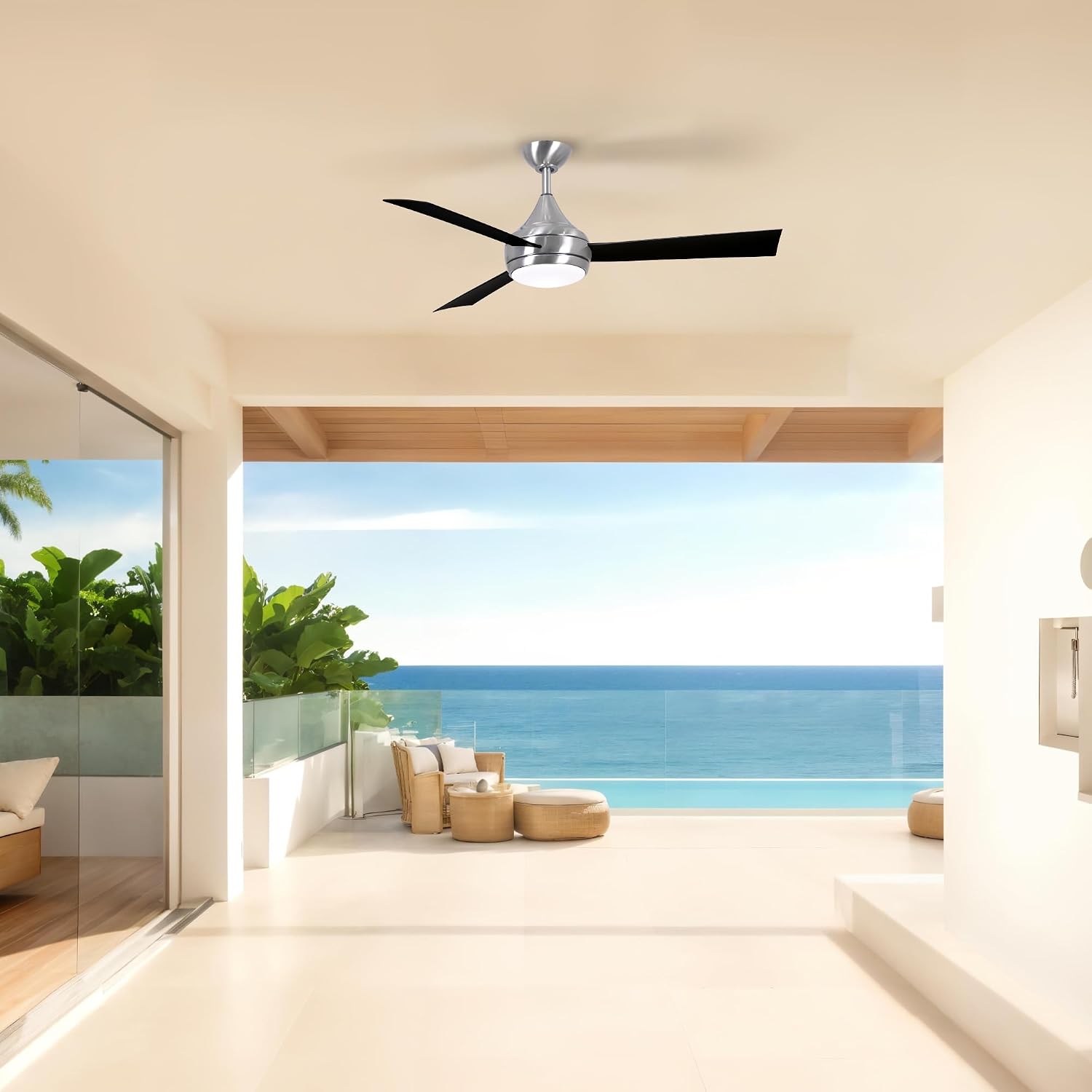 Matthews DA-BS-BK Donaire Outdoor Wet/Salt Water Rated 52' Marine-Grade Coastal Ceiling Fan with LED Light & Remote, Brushed Stainless with Black
