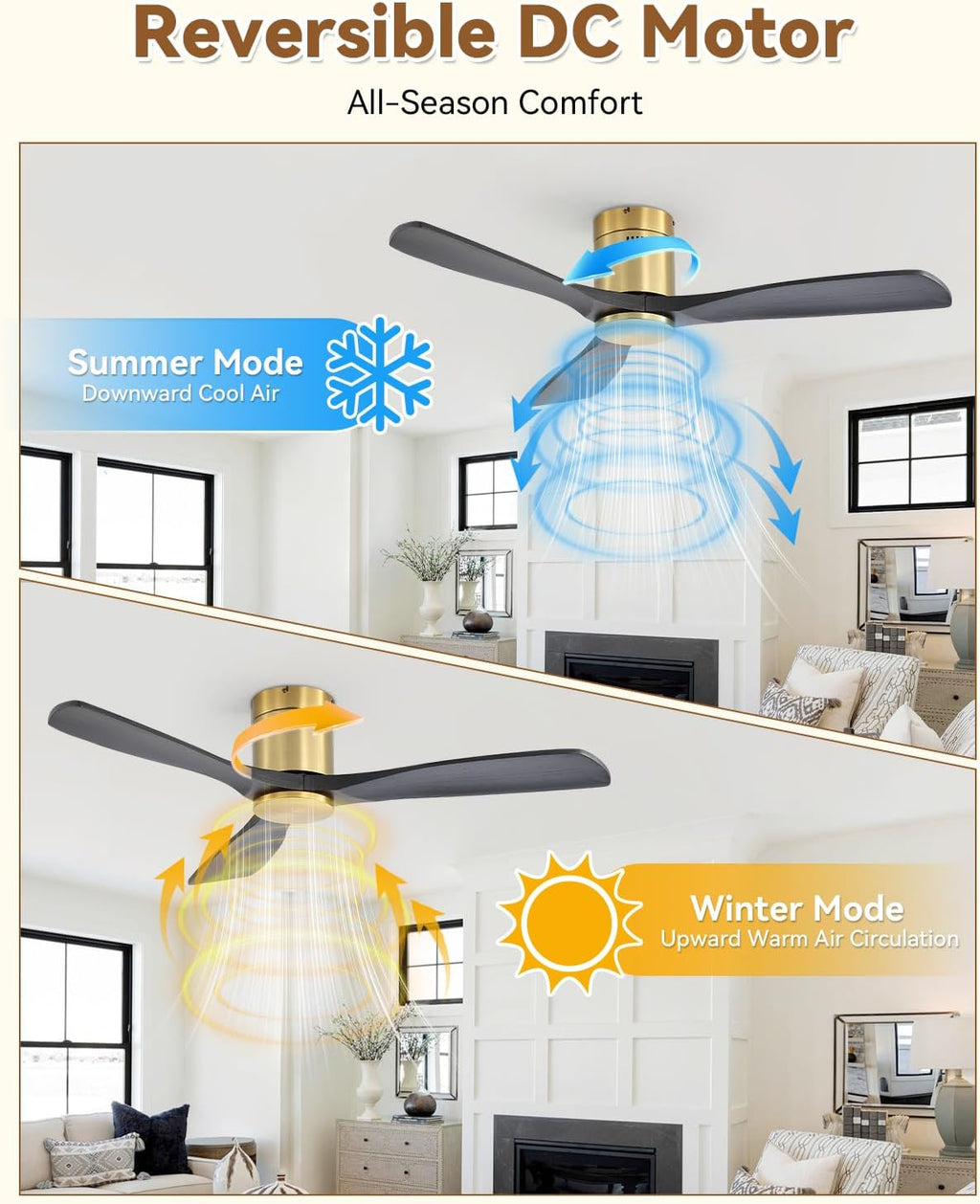Sofucor 52' Solid Wood Low Profile Flush Mount Ceiling Fan No Light, Outdoor Modern Ceiling Fan without Light works with Alexa/Google/App6-Speed, 3-Timer, Reversible DC Motor for Living Room Bedroom