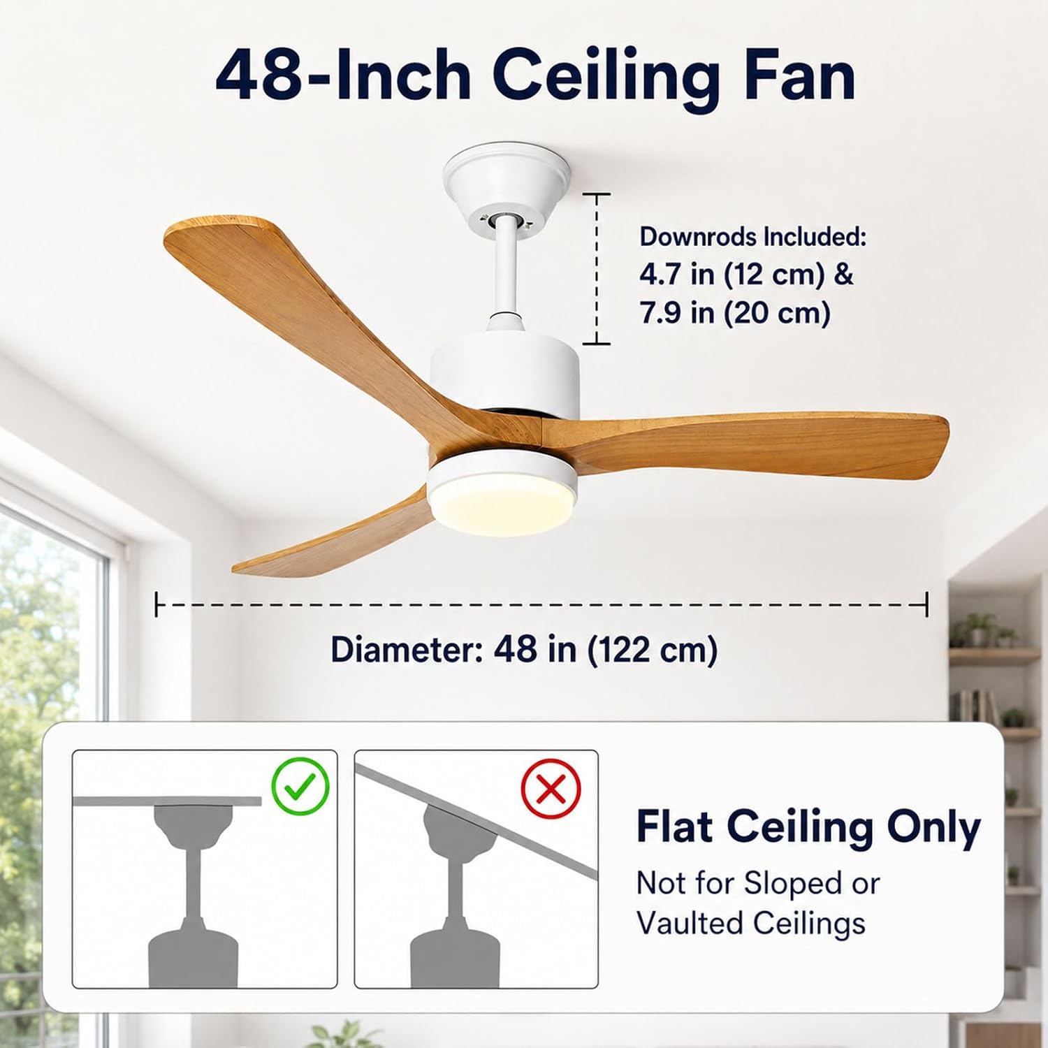 48-Inch Modern Ceiling Fan with LED Light, 6-Speed DC Motor, Remote & Wall Control, Reversible Blades Wood Quiet Ceiling Fans for Bedroom & Living Room
