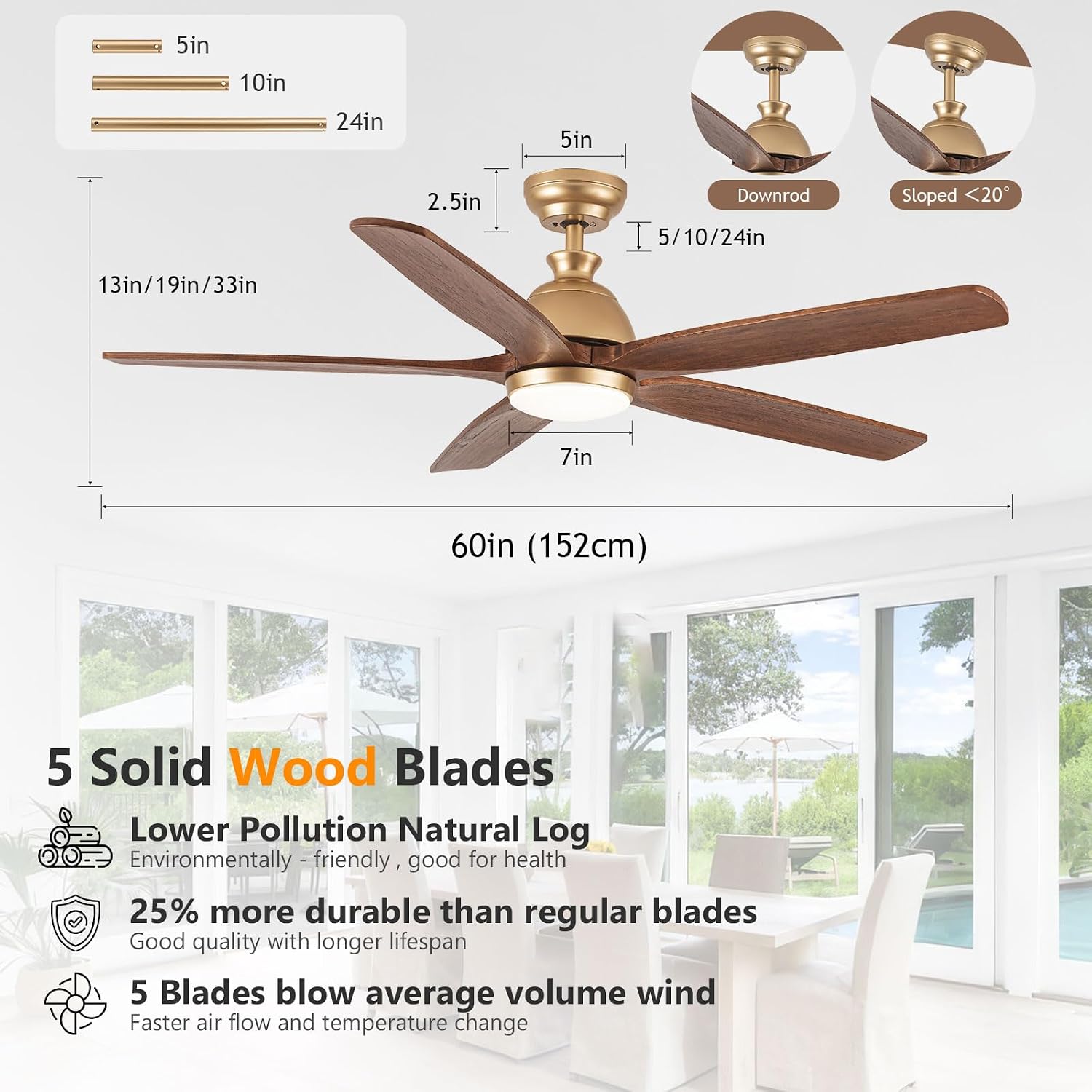 Ceiling Fans with Lights Remote Control, 60 Inch Gold Outdoor 5 Walnut Wood Blades Modern Ceiling Fan DC Reversible Motor for Patio Bedroom Living Room Farmhouse