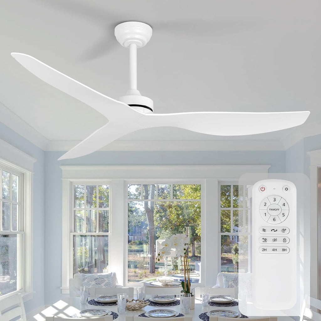 Ceiling Fans without Light,52 Inch Ceiling Fan with Remote Control,3 Reversible Blade,White Ceiling Fan for Bedroom, Living Room,Hallway