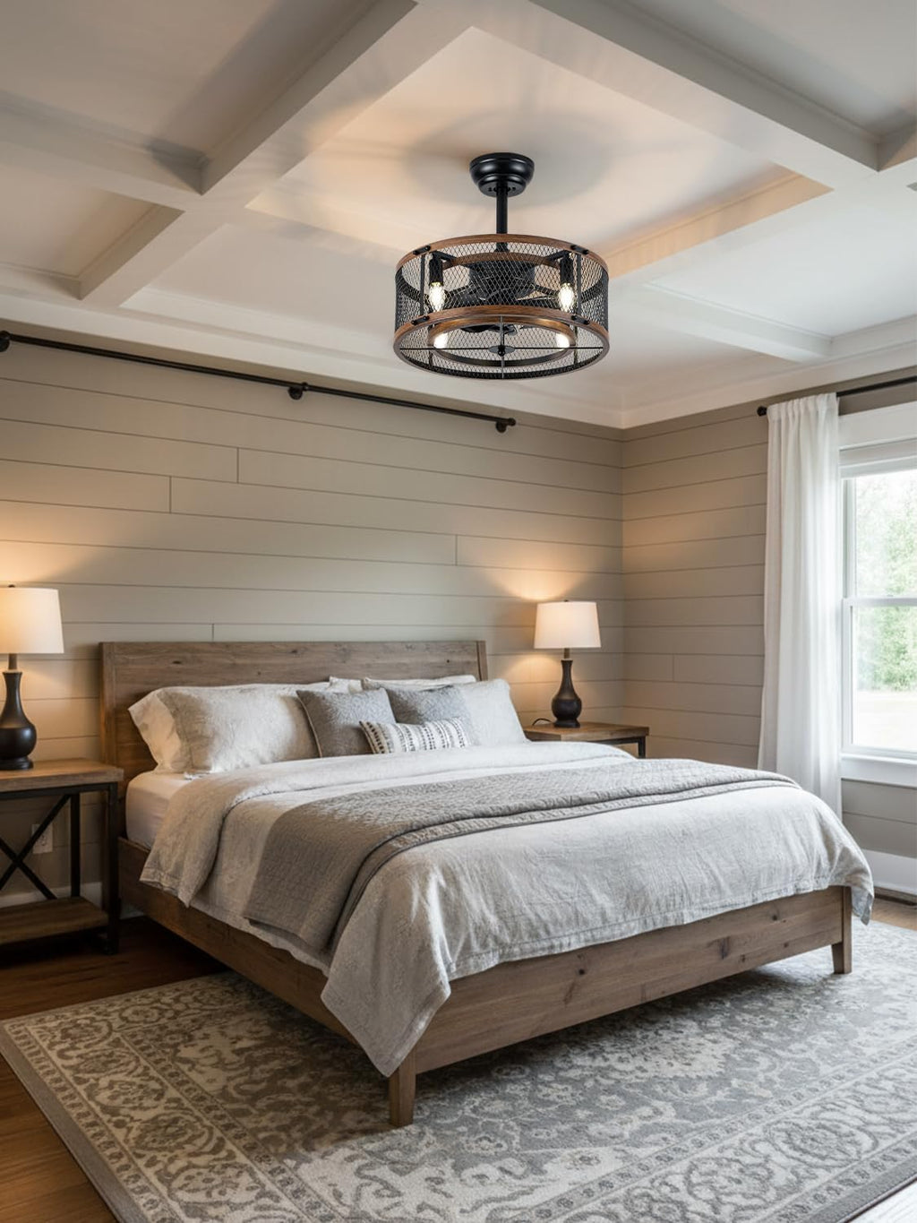 20 Inch Black Farmhouse Caged Ceiling Fan with Light and Remote Control, Retro Industrial Enclosed Rustic Ceiling Fan for Bedroom Living Room