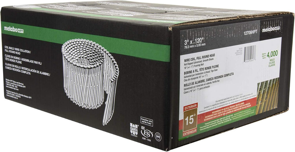 Metabo HPT 12706HPT Full Round Head Hot Dipped Galvanized Wire Coil Framing Nails 3' x.120 SM HDG FRH - 4M 4000 Count