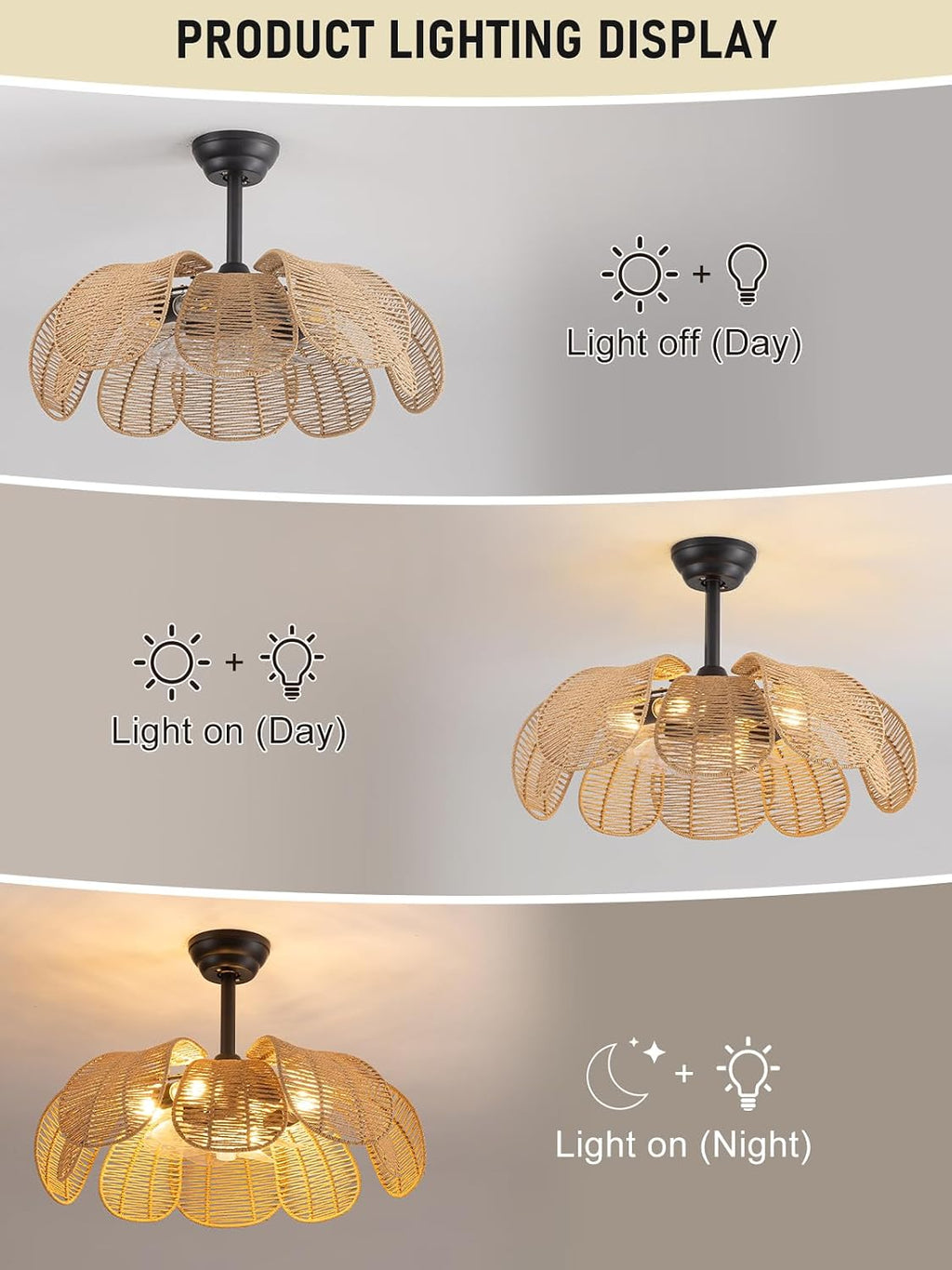 Boho Ceiling Fan with Light, Rattan Fandelier Ceiling Fan with Light and Remote Control, Flower Chandelier Fan for Bedroom, Living Room,Kitchen,Foyer(26 Inch, 6 Speed, Timing Adjustable Height)