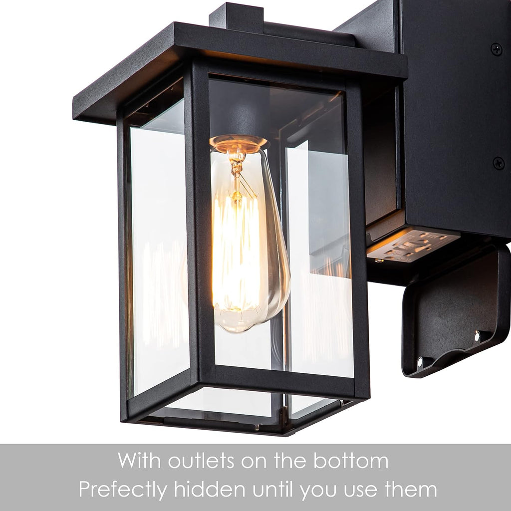 Outdoor Lights with GFCI Outlet, Black Front Porch Lights, Exterior Lighting Fixture with Outlet, Waterproof Outdoor Wall Sconce Wall Mount for House Garage, Patio, 2 Packs