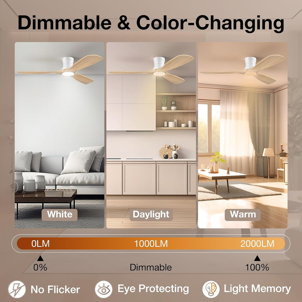 52' Wood Ceiling Fans with Lights Remote,Low Profile Flush Mount Ceiling Fan with Light,Outdoor Indoor Modern Ceiling fans for Bedroom Living room Patio,Light Wood&White,3 Blades,Dimmable LED,Quiet