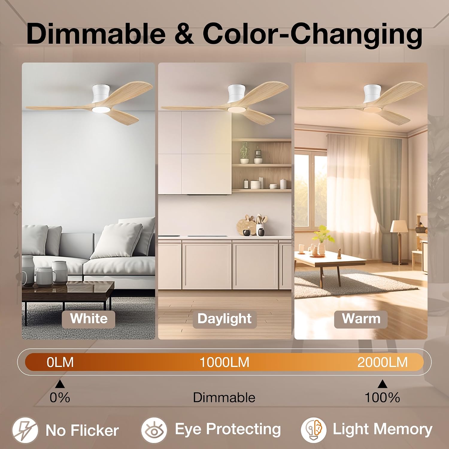 52' Wood Ceiling Fans with Lights Remote,Low Profile Flush Mount Ceiling Fan with Light,Outdoor Indoor Modern Ceiling fans for Bedroom Living room Patio,Light Wood&White,3 Blades,Dimmable LED,Quiet