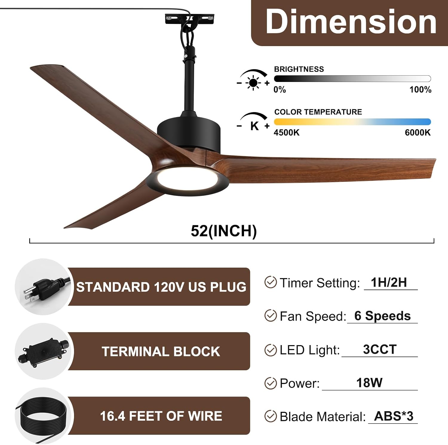 52 Inch Outdoor Ceiling Fan with Light and Remote, Reversible Waterproof Patio Fan for Gazebo Pergola Porch Deck Balcony, Wet Rated Plug-in Hanging Ceiling Fan for Outside