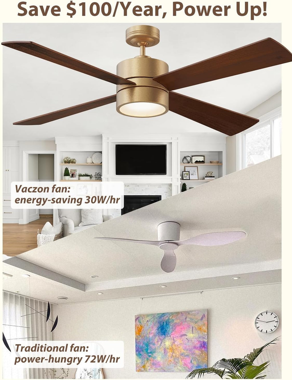 52' Outdoor Ceiling Fan with Lights and Remote – Luxury Gold Finish, Waterproof DC Motor, Reversible, Dimmable LED, Smart APP Control for Patios, Gazebo, and Indoor Spaces