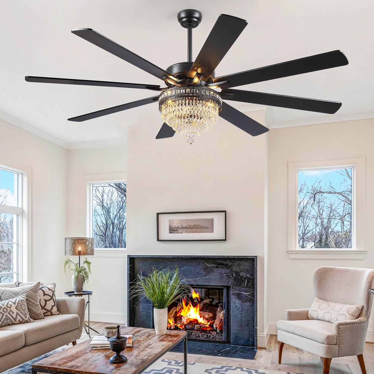 Asyko 72' Crystal Ceiling Fan Fandelier with Lights - Modern Crystal Chandelier Fans with Remote Control,Noiseless DC Motor, Retro/Farmhouse Lighting, Dining Room,Living Room