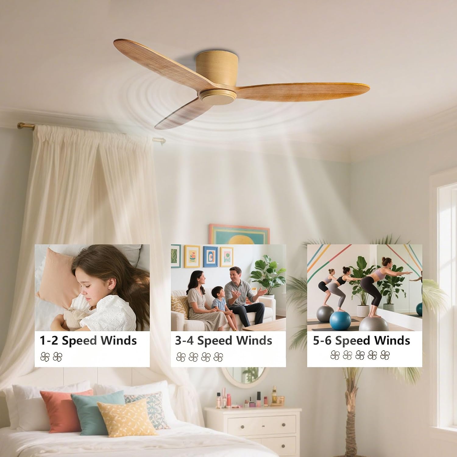 Flush Mount Ceiling Fans with Remote, Solid Wood 42in Low Profile Ceiling Fan Without Lights Modern 6 Speeds Ceiling Fan No Light for Bedroom Living Room Dining Room