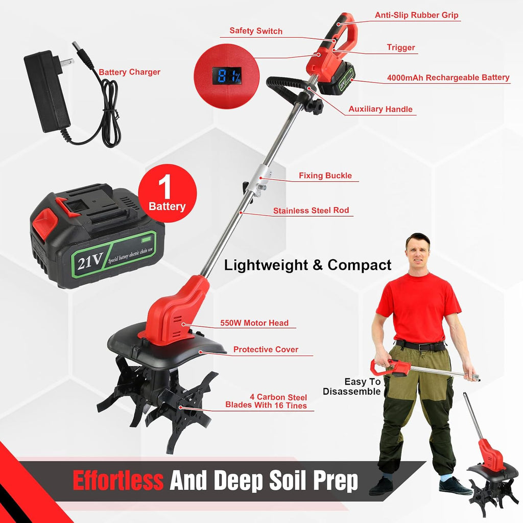 21V Cordless Tiller Cultivator, 300 RPM Electric Garden Rototiller with 4.0Ah Batteries & Charger, 9In Tilling Width and 9In Depth Garden Tiller with 16 Steel Tines for Yard, Soil Digging