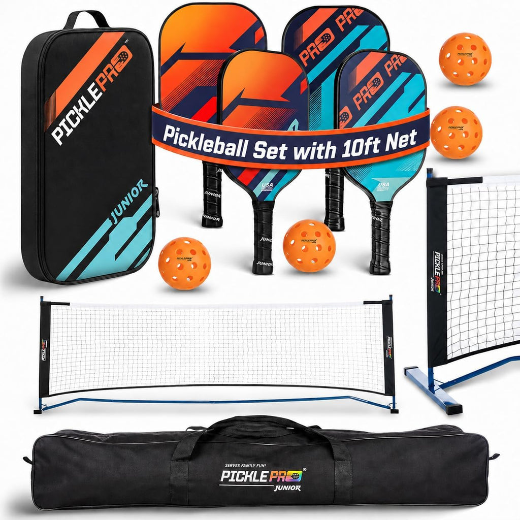 PicklePro Junior - Lab Tested 6+ Complete Pickleball Set with 10ft Net – Includes 4 Junior Paddles, Balls & Bag – USAP Approved Beginner Pickleball Kit