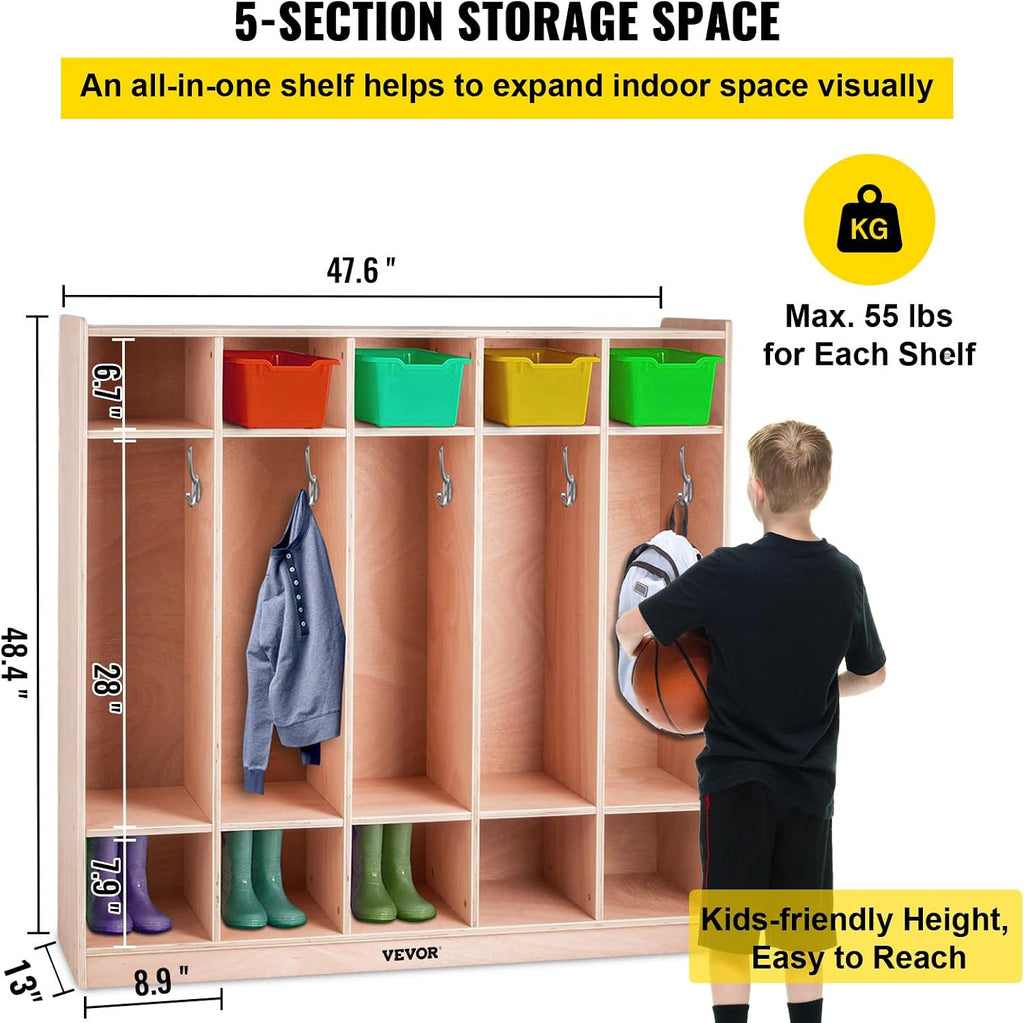 Happybuy 5-Section School Storage Locker, Wooden Storage Cabinet with 4 Casters, Classroom Cubbies for Storage, 15mm Thick Plywood Locker for Home, Office, School,Gym, Kindergarten