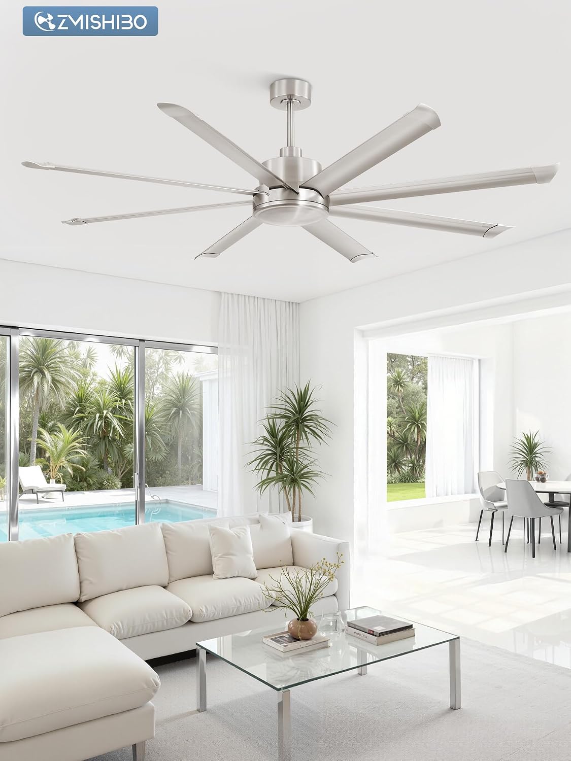 ZMISHIBO 72 Inch Large Ceiling Fan No Light, 8 Aluminum Blades, 6-Speed Remote Control, Industrial Ceiling Fan without Light, Quiet DC Motor, Indoor/Outdoor Ceiling Fans for Patio, Garage, Shop