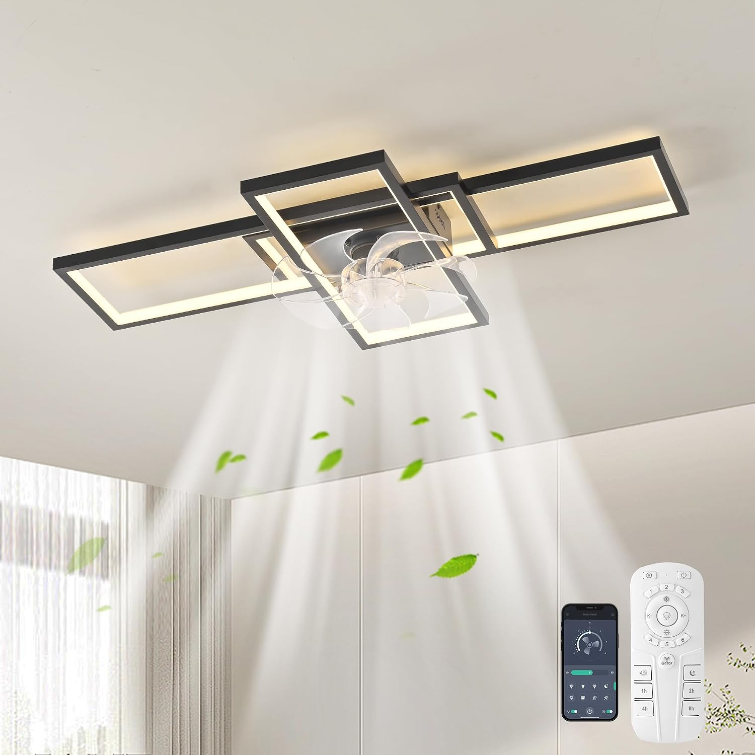 GEADI Modern Ceiling Fan with Light,Dimmable Flush Mount Ceiling Fans with Lights and Remote,35.4' Black Led Fandelier,Low Profile Ceiling Fan for Bedroom,Kitchen（6-Speed,Timing,3000-6000k）