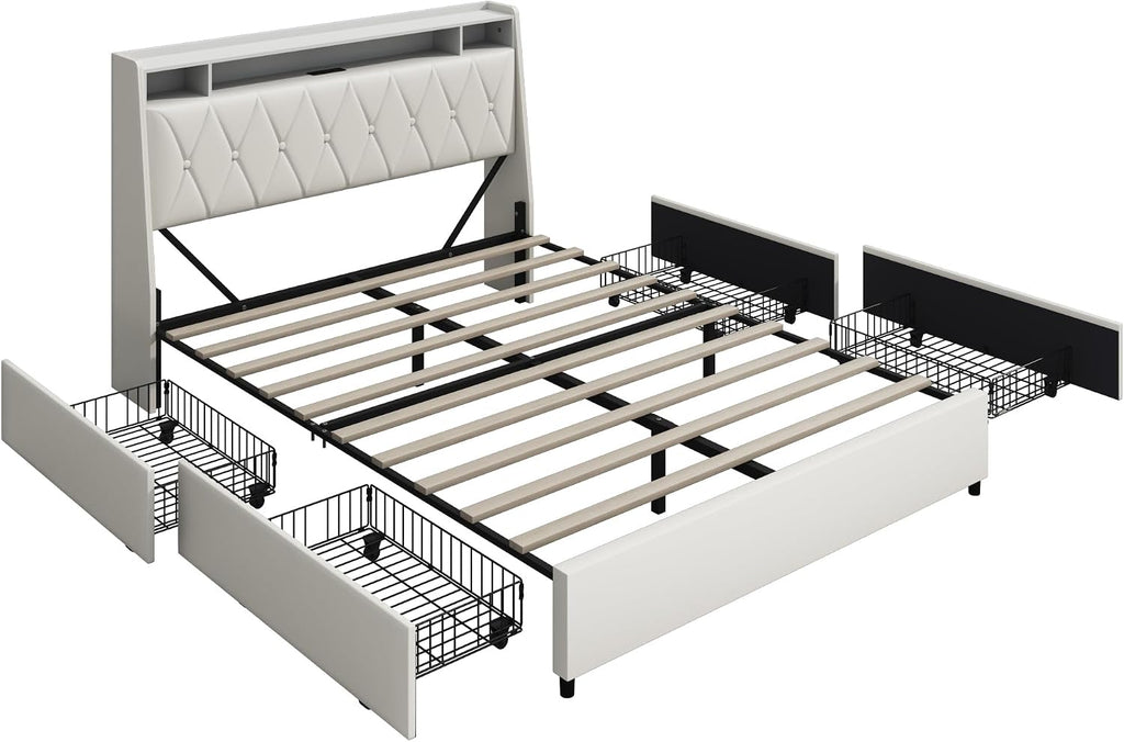 Christopher Knight Home Manley Faux Leather Full Size Bed Frame with Ergonomic Headboard,Platform Bed Frame with Outlets&Charger,Metal&Wood Frame,Storage Shelf, Noise-Free,No Box Spring Needed, White