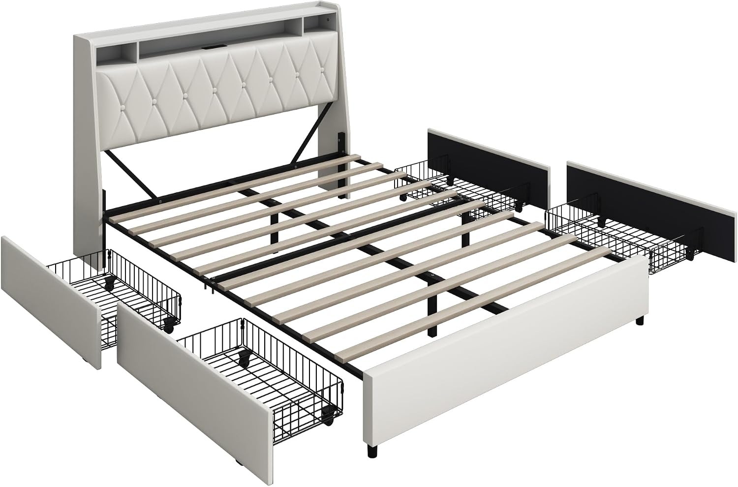 Christopher Knight Home Manley Faux Leather Full Size Bed Frame with Ergonomic Headboard,Platform Bed Frame with Outlets&Charger,Metal&Wood Frame,Storage Shelf, Noise-Free,No Box Spring Needed, White