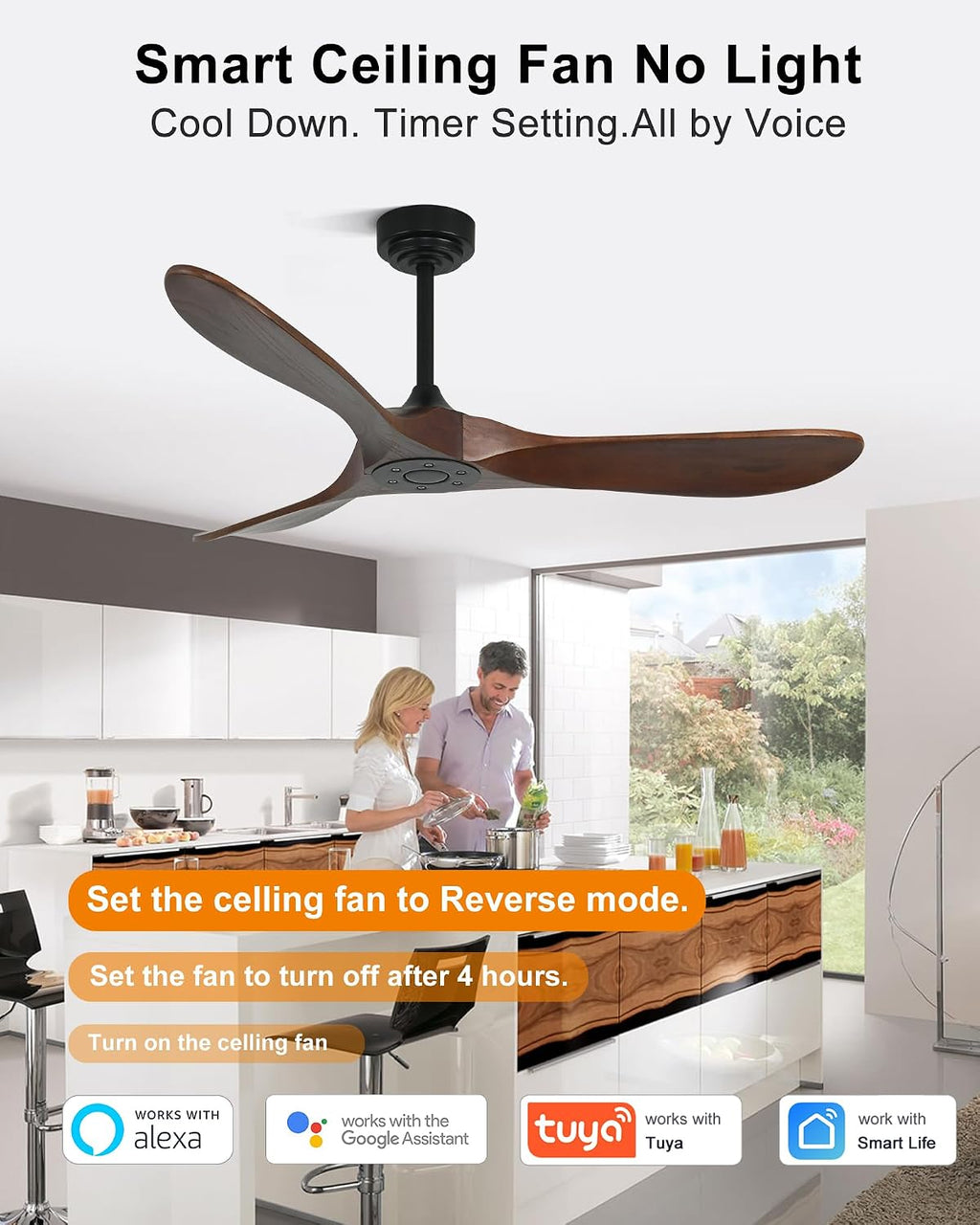 52 Inch Outdoor Ceiling Fan without Light, Smart Wood Ceiling Fan with Remote Control & Alexa/Google, 3 Blades High CFM for Patios Farmhouse Red Walnut