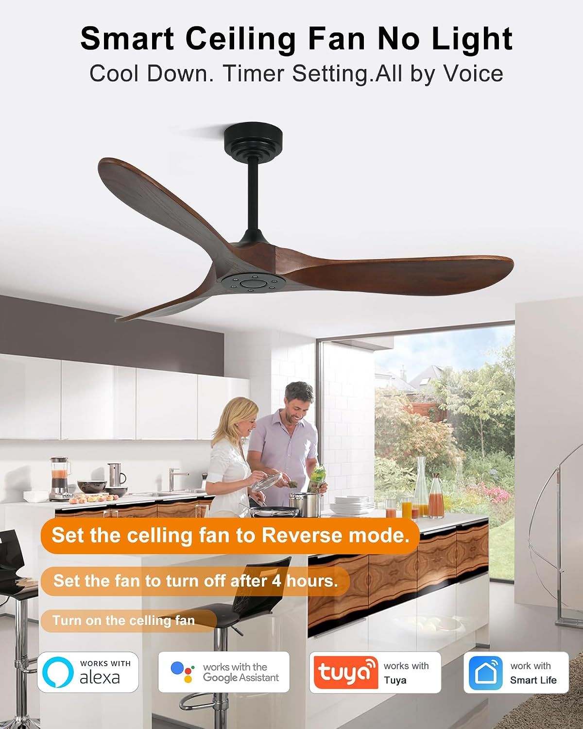 52 Inch Outdoor Ceiling Fan without Light, Smart Wood Ceiling Fan with Remote Control & Alexa/Google, 3 Blades High CFM for Patios Farmhouse Red Walnut
