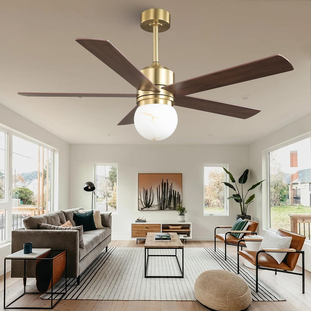 52' Gold Ceiling Fan with Light and Remote, Modern Brushed Gold Indoor Ceiling Fan, Reversible DC Motor, Dimmable LED 3 Color Temp 3000K/4000K/5000K, Dual-Finish White/Walnut Blades